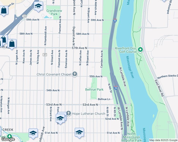 map of restaurants, bars, coffee shops, grocery stores, and more near 5520 North Bryant Avenue in Minneapolis