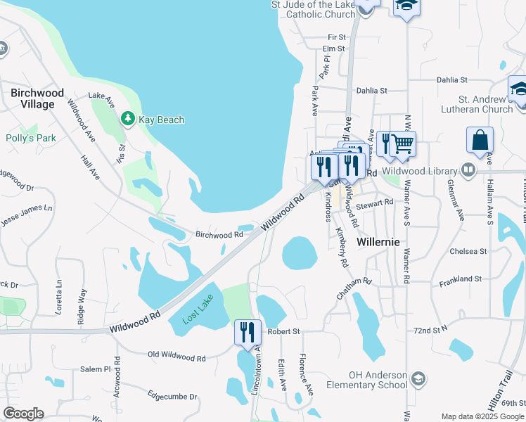 map of restaurants, bars, coffee shops, grocery stores, and more near 71 Wildwood Beach Road in Saint Paul