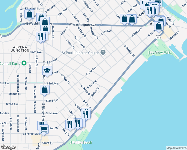 map of restaurants, bars, coffee shops, grocery stores, and more near 100-198 East Campbell Street in Alpena