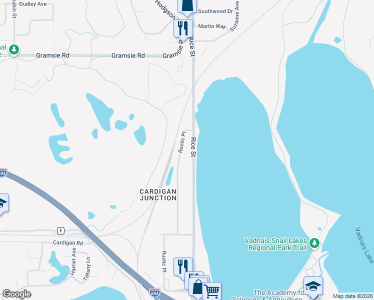 map of restaurants, bars, coffee shops, grocery stores, and more near 3772 Rustic Place in Shoreview