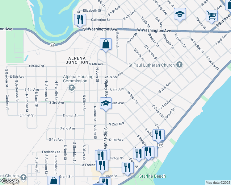 map of restaurants, bars, coffee shops, grocery stores, and more near 201 North Ripley Boulevard in Alpena