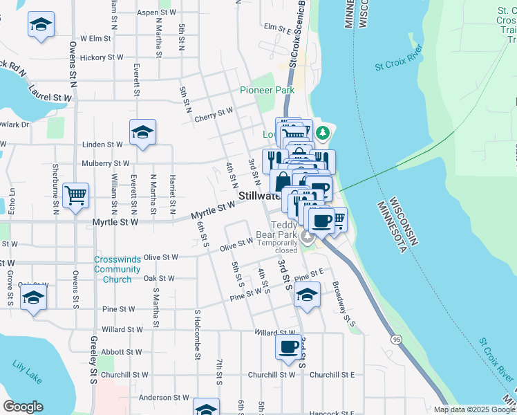 map of restaurants, bars, coffee shops, grocery stores, and more near 150 3rd Street South in Stillwater