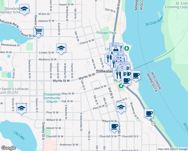 map of restaurants, bars, coffee shops, grocery stores, and more near 215 Myrtle Street West in Stillwater