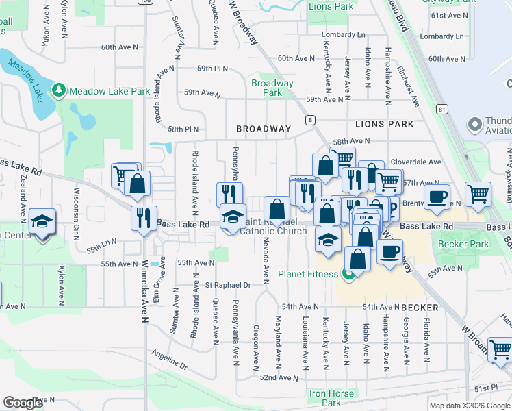 map of restaurants, bars, coffee shops, grocery stores, and more near 7300 Bass Lake Road in Minneapolis