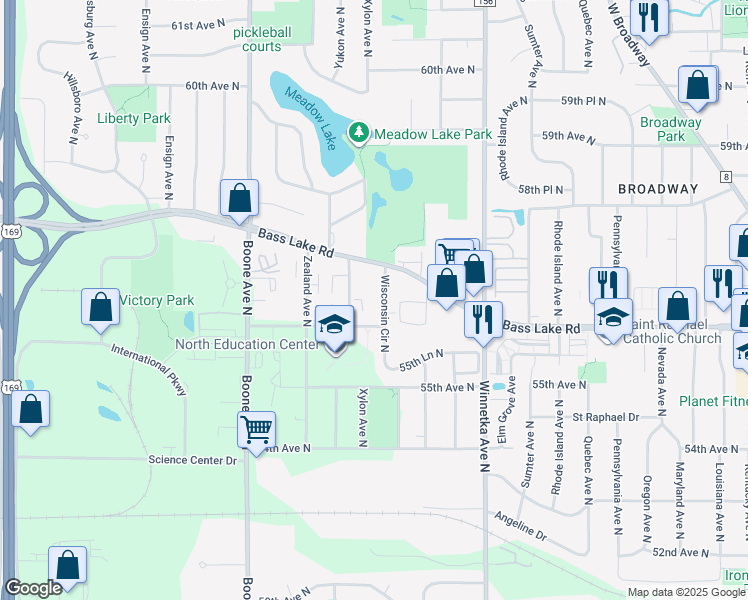 map of restaurants, bars, coffee shops, grocery stores, and more near 5619 Wisconsin Avenue North in Minneapolis