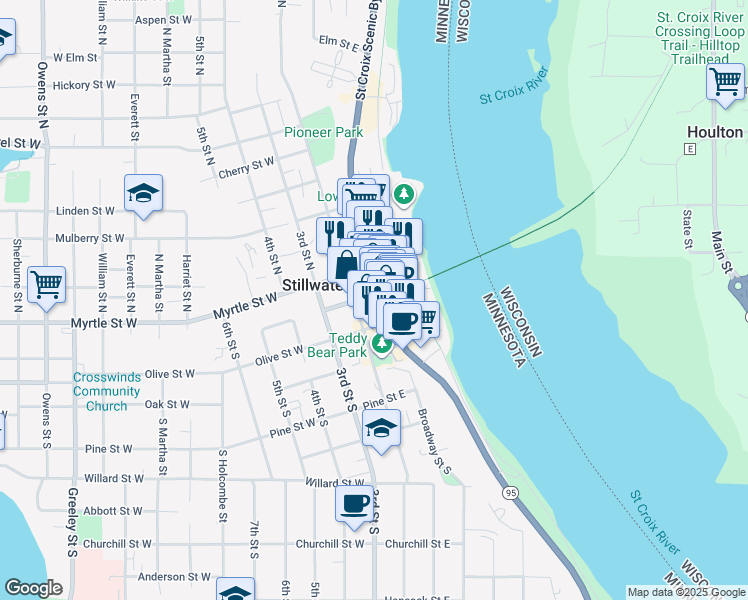 map of restaurants, bars, coffee shops, grocery stores, and more near 221 Chestnut Street East in Stillwater
