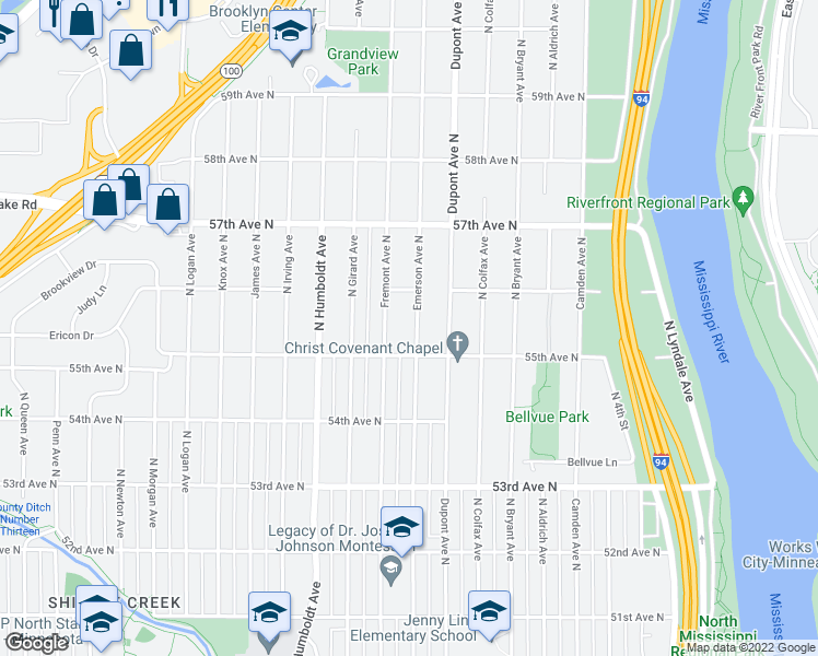 map of restaurants, bars, coffee shops, grocery stores, and more near 5525 Emerson Avenue North in Minneapolis