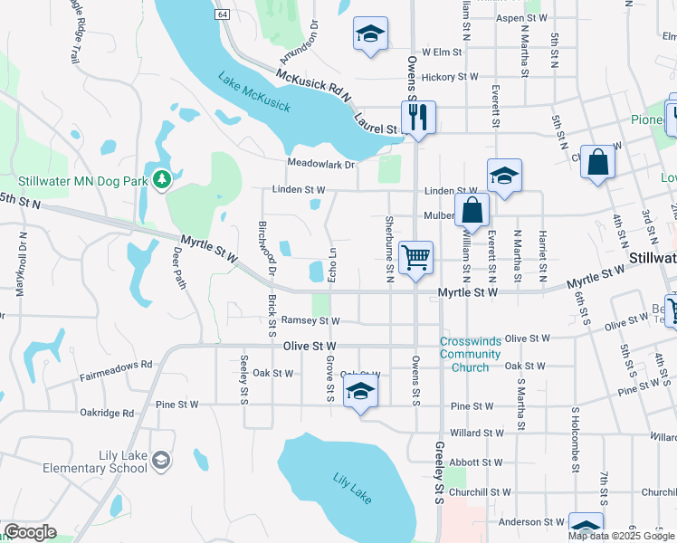 map of restaurants, bars, coffee shops, grocery stores, and more near 117 Echo Lane in Stillwater