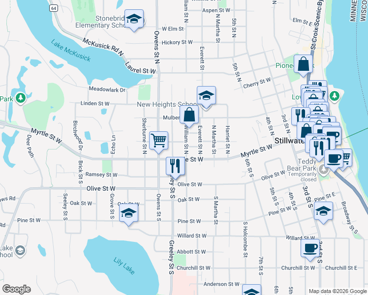 map of restaurants, bars, coffee shops, grocery stores, and more near 120 William Street North in Stillwater