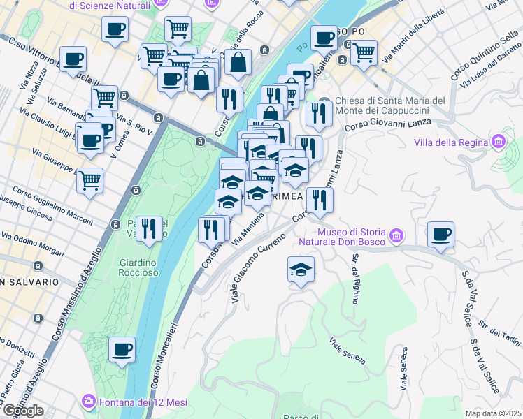 map of restaurants, bars, coffee shops, grocery stores, and more near 12 Via Mentana in Torino