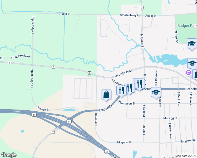 map of restaurants, bars, coffee shops, grocery stores, and more near 951 Oconto Avenue in Peshtigo