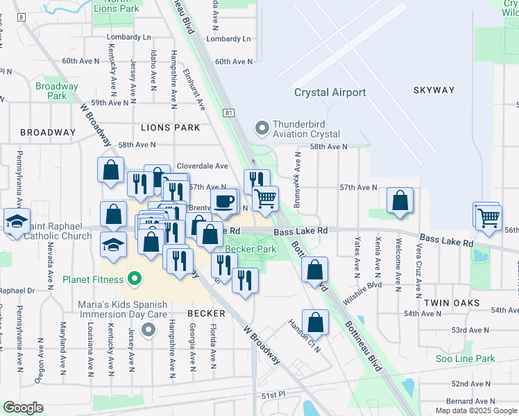 map of restaurants, bars, coffee shops, grocery stores, and more near 6230 Bass Lake Road in Crystal