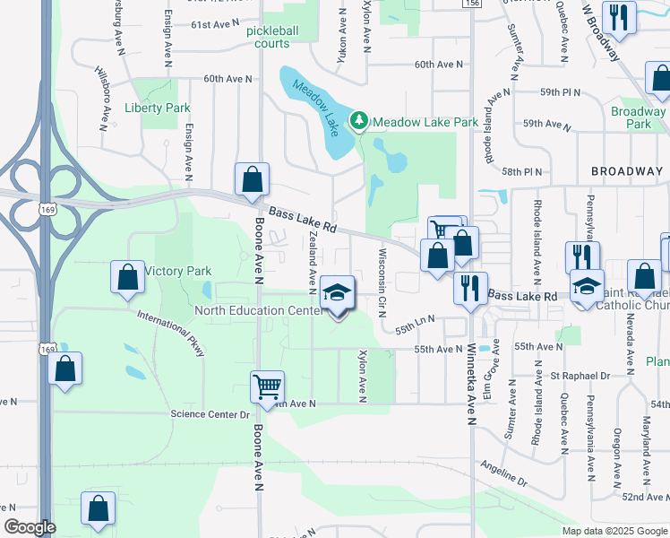 map of restaurants, bars, coffee shops, grocery stores, and more near 5615 Xylon Avenue North in New Hope