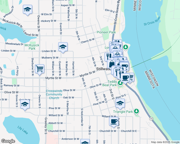 map of restaurants, bars, coffee shops, grocery stores, and more near 215 Myrtle Street West in Stillwater