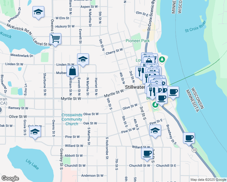 map of restaurants, bars, coffee shops, grocery stores, and more near 332 Myrtle Street West in Stillwater