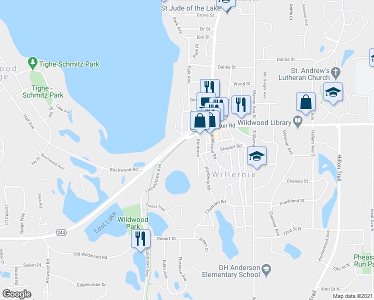 map of restaurants, bars, coffee shops, grocery stores, and more near 70 Mahtomedi Avenue in Mahtomedi