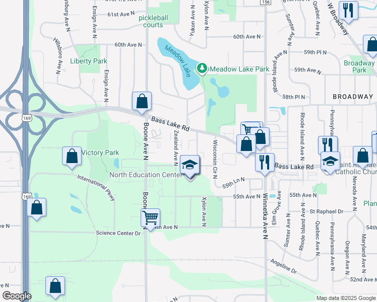 map of restaurants, bars, coffee shops, grocery stores, and more near 5615 Xylon Avenue North in New Hope