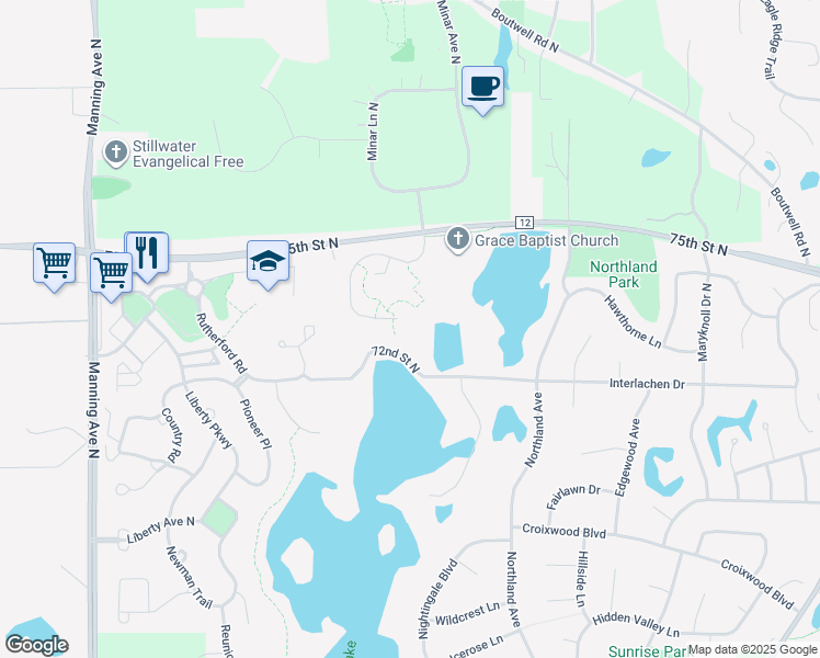 map of restaurants, bars, coffee shops, grocery stores, and more near 12620 72nd Street North in Stillwater