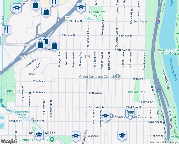 map of restaurants, bars, coffee shops, grocery stores, and more near 5520 North Humboldt Avenue in Minneapolis