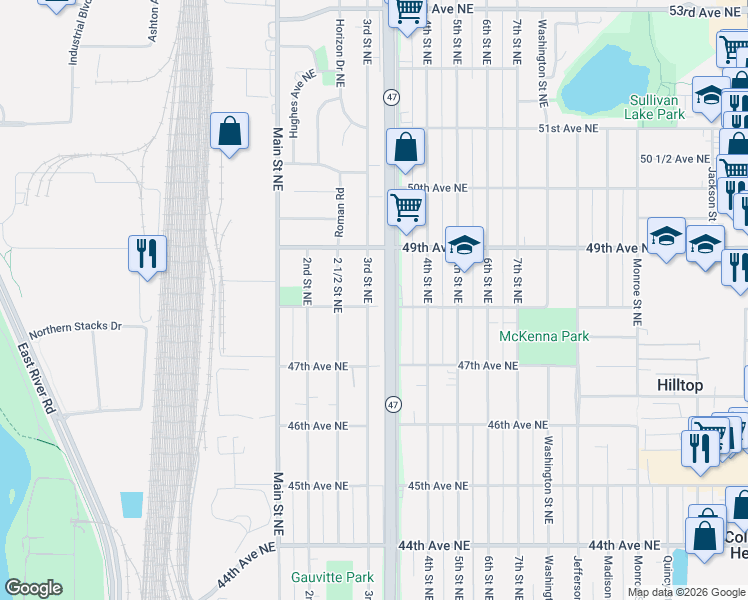 map of restaurants, bars, coffee shops, grocery stores, and more near 4803 3rd Street Northeast in Fridley