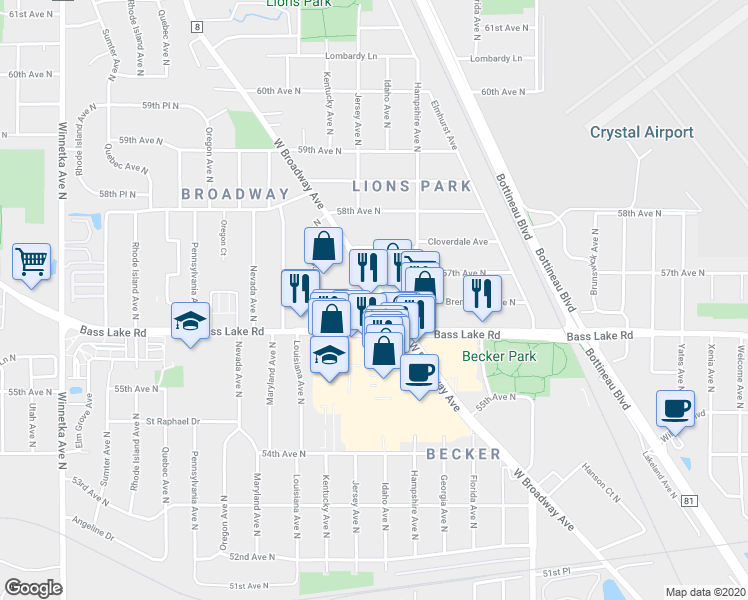 map of restaurants, bars, coffee shops, grocery stores, and more near 5629 West Broadway Avenue in Crystal