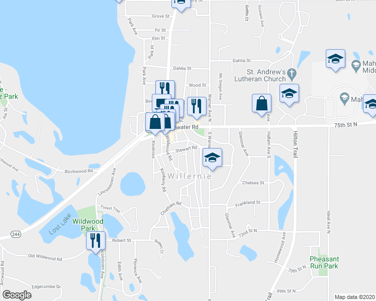 map of restaurants, bars, coffee shops, grocery stores, and more near 401 Stewart Road in Willernie