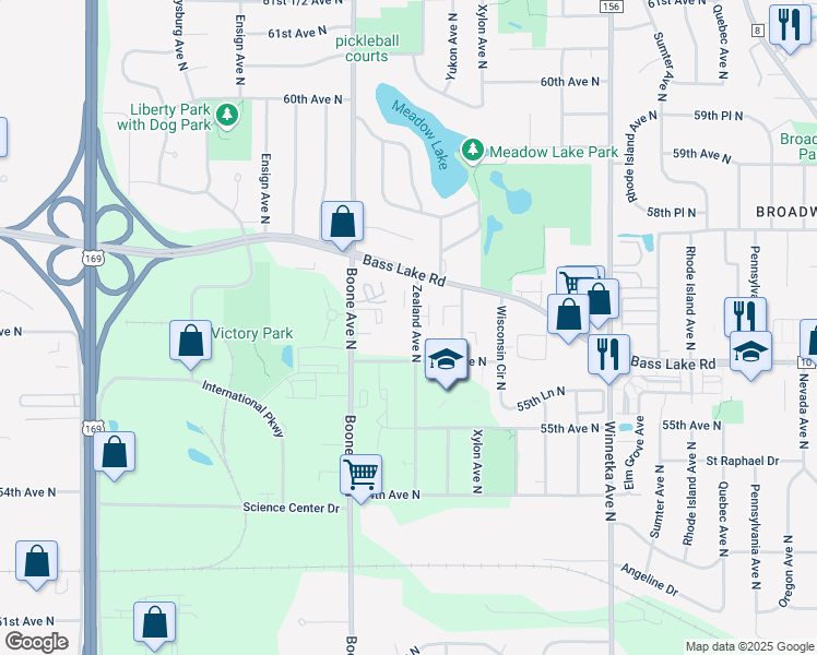 map of restaurants, bars, coffee shops, grocery stores, and more near 5625 Zealand Avenue North in Minneapolis