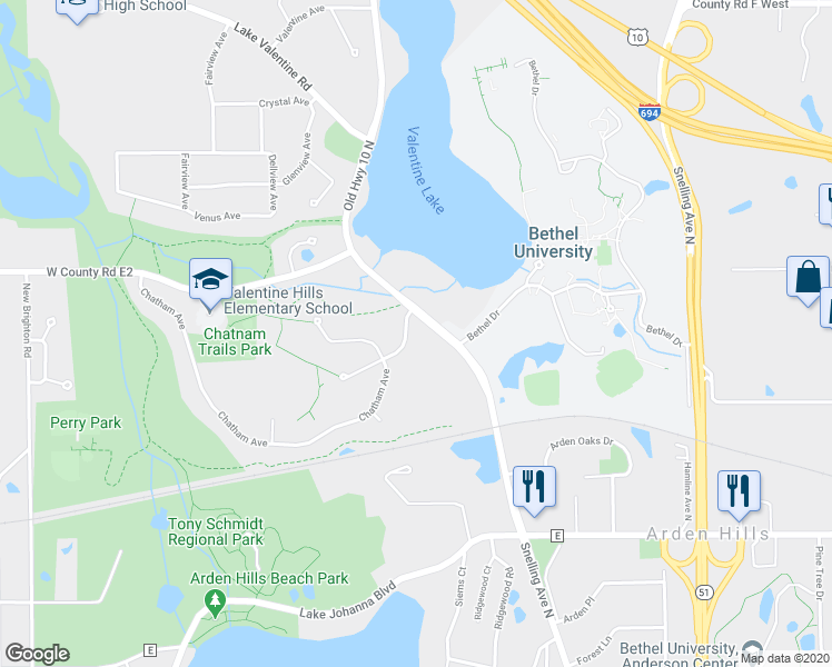 map of restaurants, bars, coffee shops, grocery stores, and more near 3790 McCracken Lane in Arden Hills