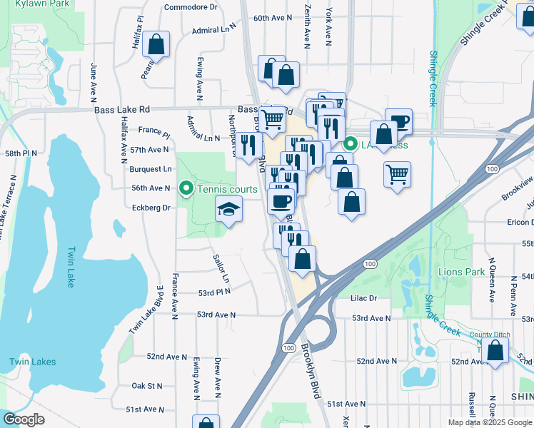 map of restaurants, bars, coffee shops, grocery stores, and more near 5509 Brooklyn Boulevard Srv Road in Brooklyn Center