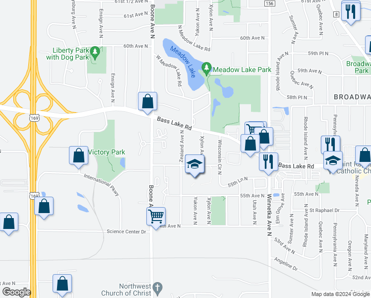 map of restaurants, bars, coffee shops, grocery stores, and more near 5615 Xylon Avenue North in New Hope