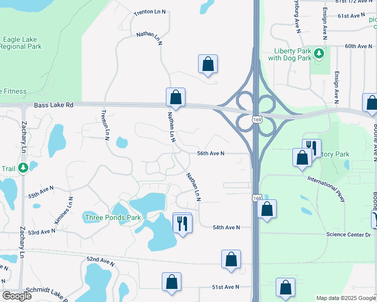 map of restaurants, bars, coffee shops, grocery stores, and more near 5525 Nathan Lane North in Plymouth