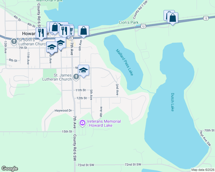 map of restaurants, bars, coffee shops, grocery stores, and more near 340 11th Street in Howard Lake