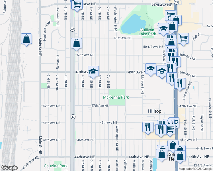 map of restaurants, bars, coffee shops, grocery stores, and more near 4800 7th Street Northeast in Minneapolis