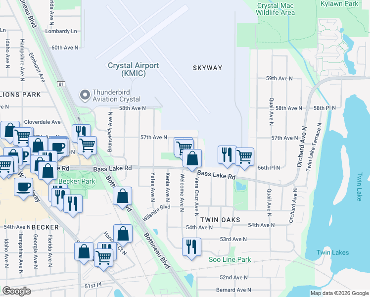 map of restaurants, bars, coffee shops, grocery stores, and more near 5624 Welcome Avenue North in Crystal