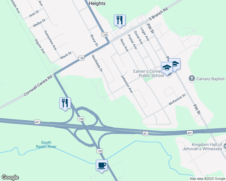 map of restaurants, bars, coffee shops, grocery stores, and more near 3101 Northdale Drive in Cornwall