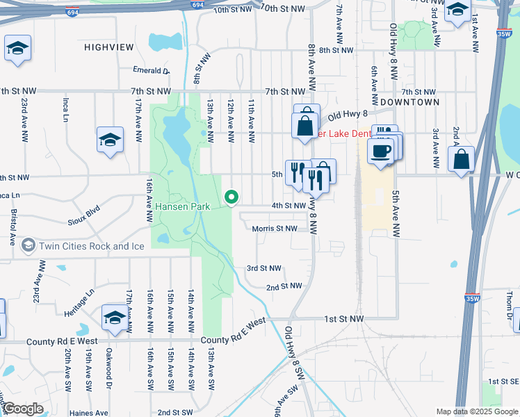 map of restaurants, bars, coffee shops, grocery stores, and more near 419 True Street Northwest in Saint Paul