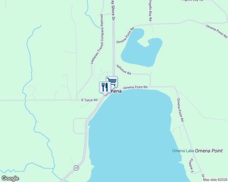 map of restaurants, bars, coffee shops, grocery stores, and more near in Omena