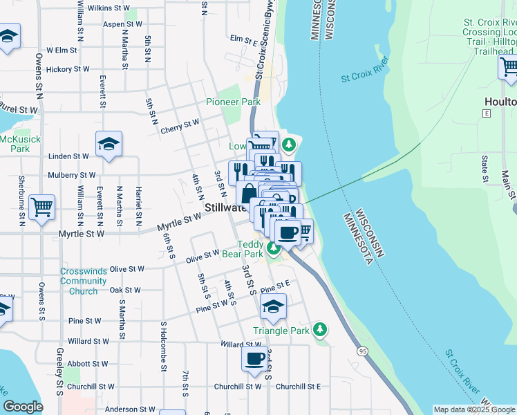 map of restaurants, bars, coffee shops, grocery stores, and more near 224 Chestnut Street West in Stillwater