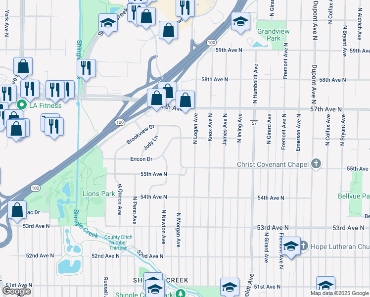 map of restaurants, bars, coffee shops, grocery stores, and more near 5517 North Logan Avenue in Minneapolis