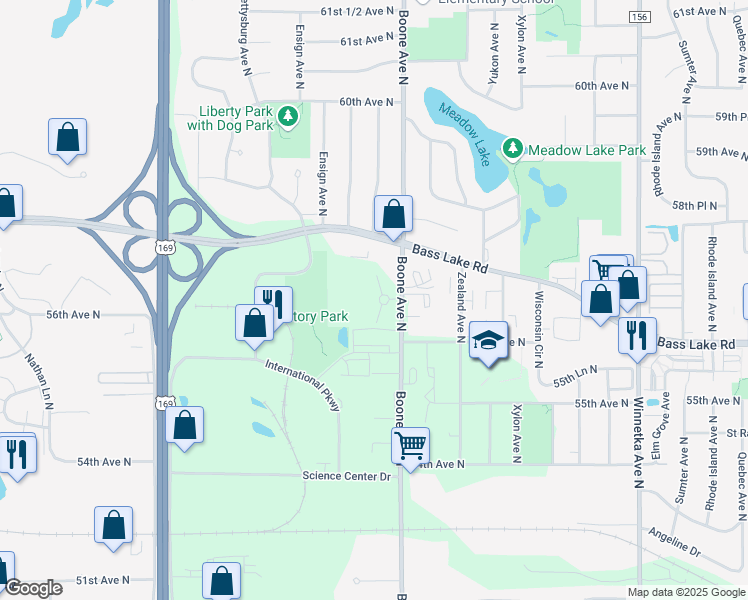 map of restaurants, bars, coffee shops, grocery stores, and more near 5625 Boone Avenue North in Minneapolis