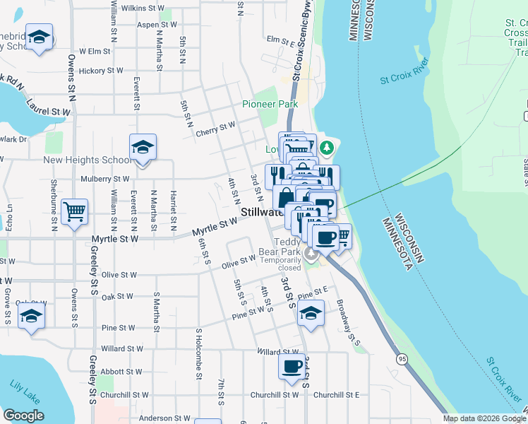 map of restaurants, bars, coffee shops, grocery stores, and more near in Stillwater