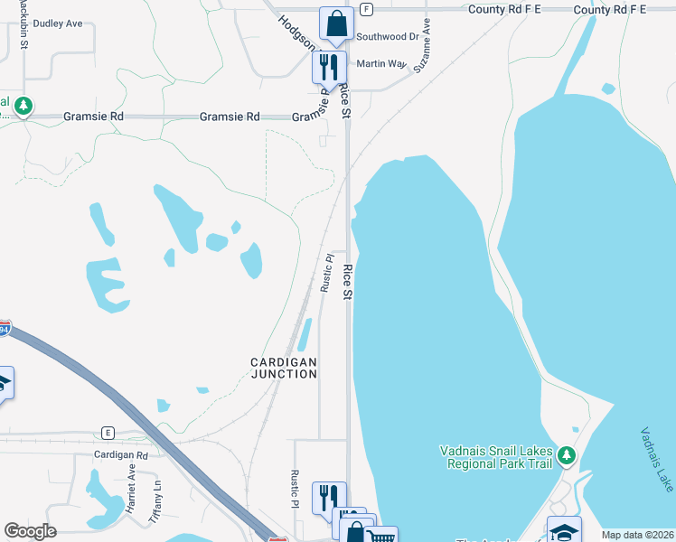 map of restaurants, bars, coffee shops, grocery stores, and more near 3772 Rustic Place in Shoreview