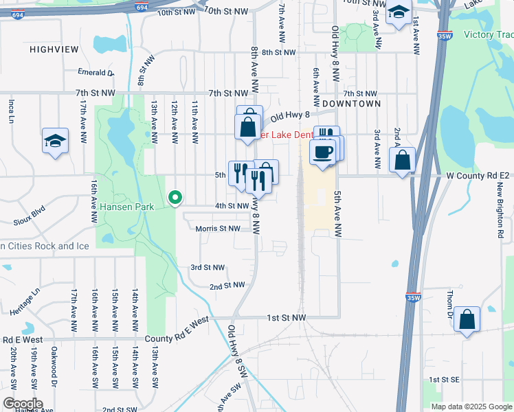map of restaurants, bars, coffee shops, grocery stores, and more near 400 Old Highway 8 Northwest in New Brighton