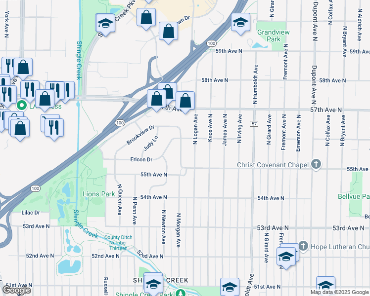 map of restaurants, bars, coffee shops, grocery stores, and more near 5517 North Logan Avenue in Minneapolis