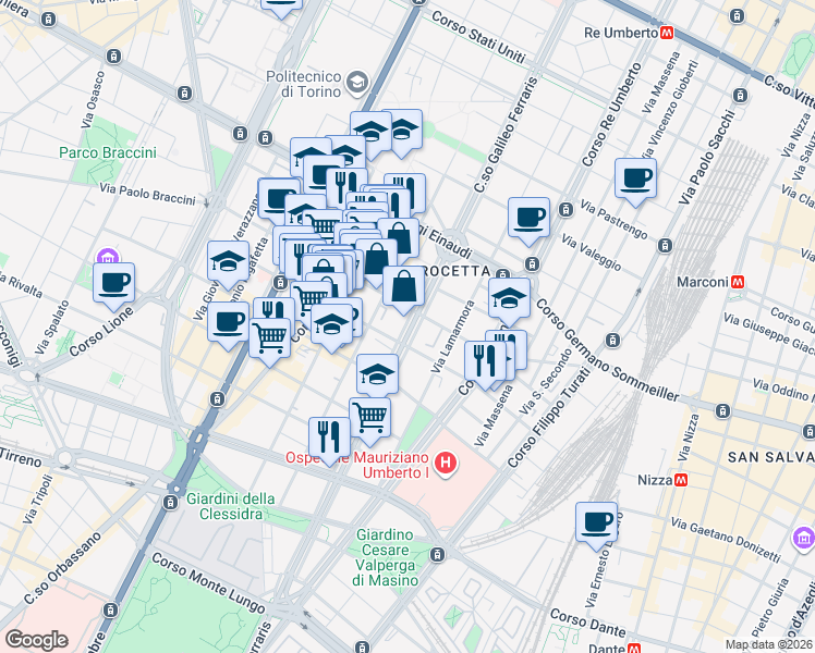 map of restaurants, bars, coffee shops, grocery stores, and more near 102 Corso Galileo Ferraris in Torino