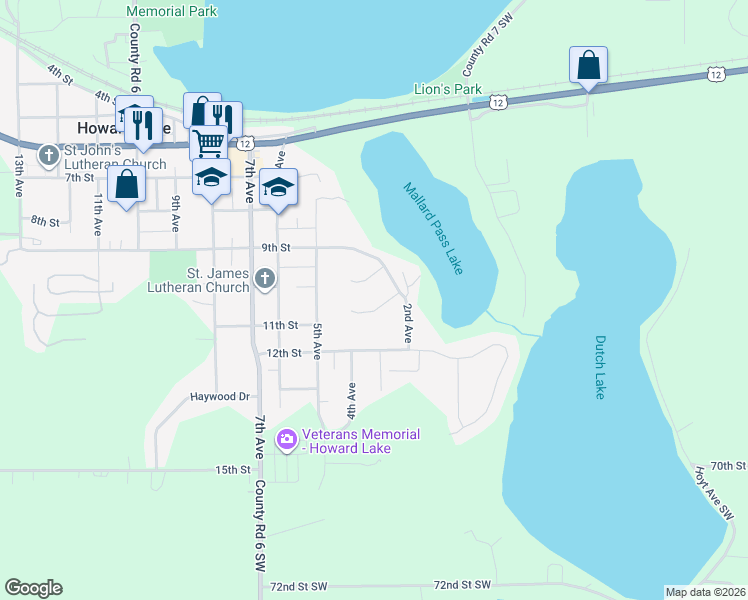 map of restaurants, bars, coffee shops, grocery stores, and more near 340 11th Street in Howard Lake