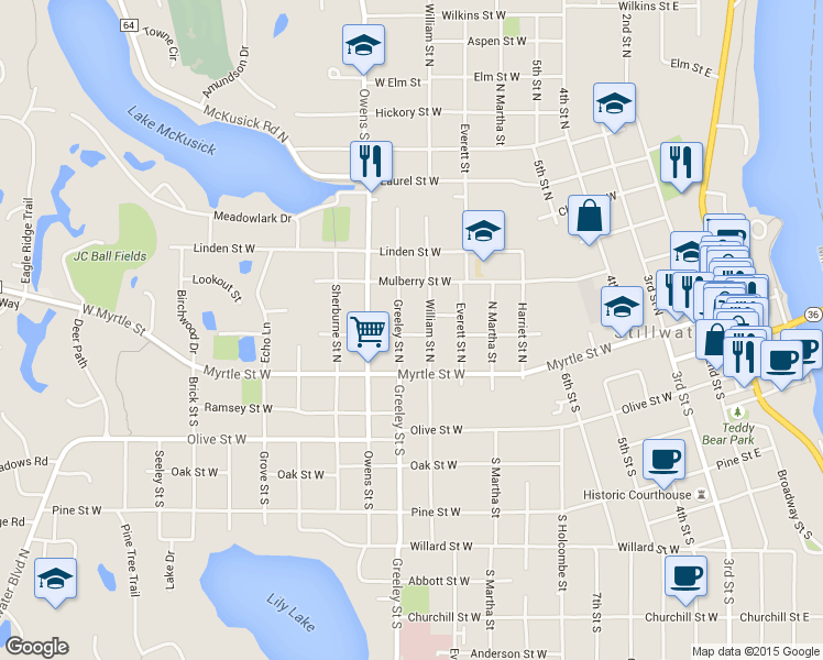 map of restaurants, bars, coffee shops, grocery stores, and more near 120 William St N in Stillwater