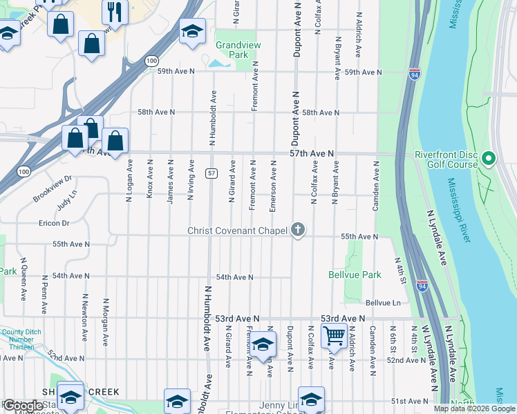map of restaurants, bars, coffee shops, grocery stores, and more near 5525 Emerson Avenue North in Minneapolis