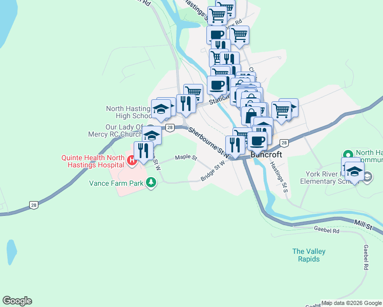 map of restaurants, bars, coffee shops, grocery stores, and more near 41 Maple Street in Bancroft