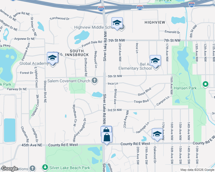 map of restaurants, bars, coffee shops, grocery stores, and more near 2357 Sioux Court in New Brighton